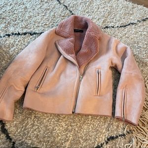 ZARA blush pink shearling suede moto jacket